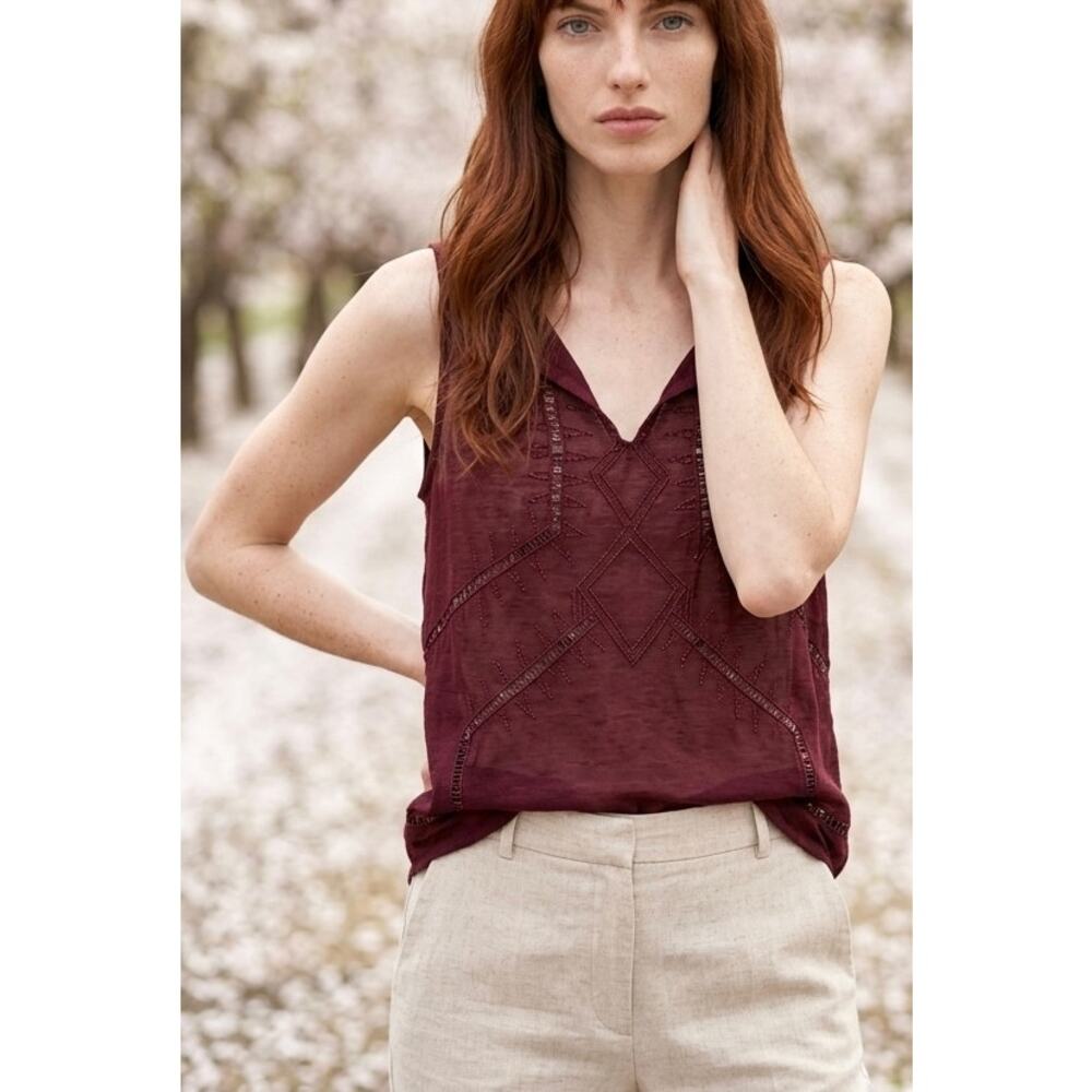 Burgundy Boho Tank M Romantic Embroidered Sheer Poetcore Folk Whimsigoth Fairy